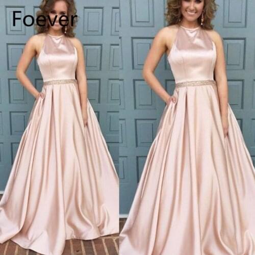 Newest prom dresses crew neckline crystal beading belt satin floor length pink evening dresses cheap