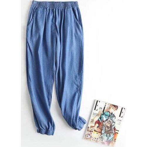 Autumn 2020 New femme elastic Jeans trousers women Summer street pants Casual women Denim Lantern pants Sashes Plus Size 7XL