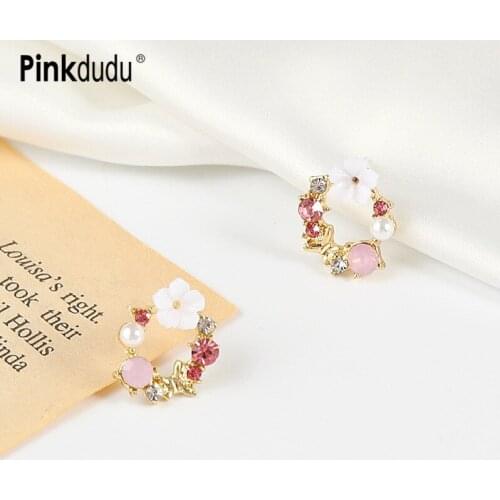 Pinkdudu New arrivals Korean Flower Stud Earrings Fashion Pink Crystal Round Elegant Stud Earrings for Women Jewelry Gifts OG139