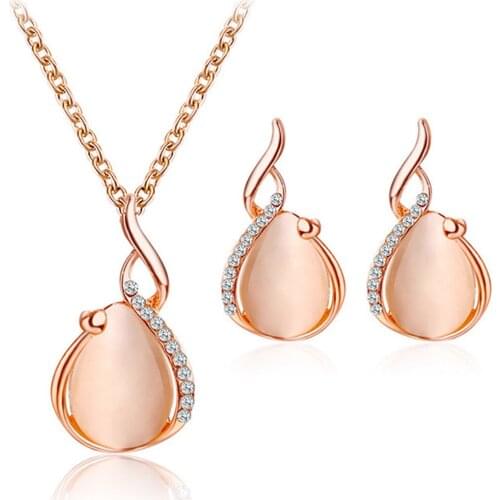 Women Cat Eyes Necklace Earrings Set Charm Necklace Artificial Cats Eye Drop Pendant Earrings Jewelry Set Wedding Set