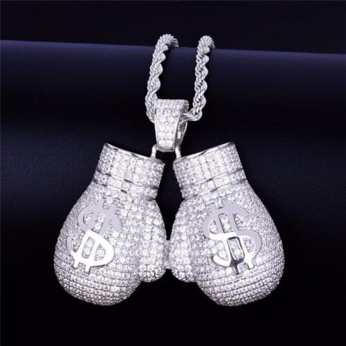 Bling Cubic Zircon Boxing Glove With Dollar Sign Pendant Necklace Fashion Copper Hip Hop Designer Jewelry For Men Best Gift