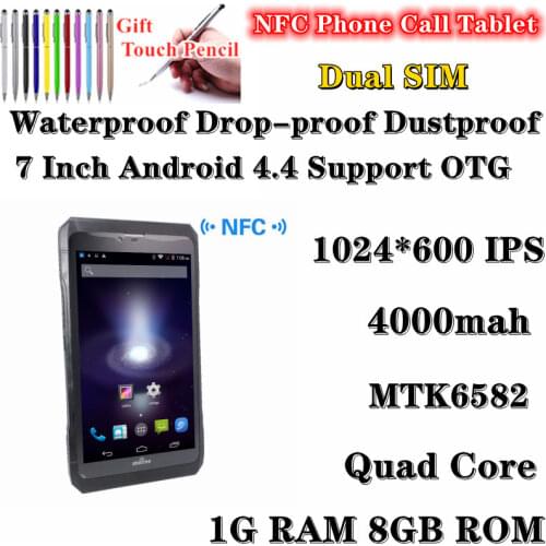 NFC Dual SIM slots 7 Inch 3G phone call Tablet PC MTK6582 Quad core Android 4.4 1GB+8GB Bluetooth WiFi Phablet waterproof