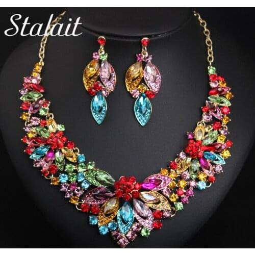 Luxury Multi Color Flower Natural Crystal Necklace Earrings Banquet Jewelry Set Women Statement Gold Color Accessories