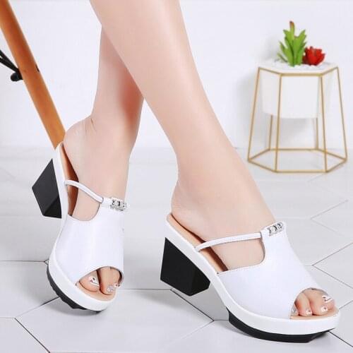 2020 Summer Women Flat Platform Slippers Slides Sandals Shoes Slip On Open Toe White Genuine Leather High Heel Sandals
