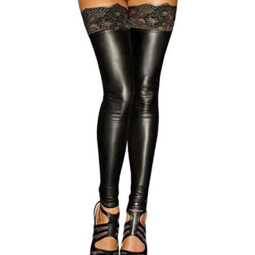 Sexy Womens Erotic Lace Top Stay Up Thigh High Stockings Ladies Gothic Black Long Skinny Leather Wet Look Stockings Pantyhose