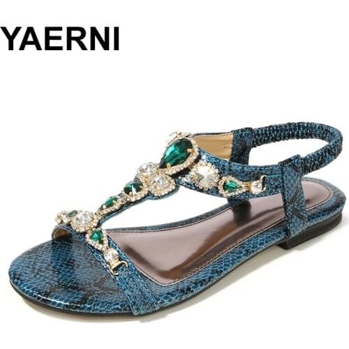 YAERNI Big Crystal Summer Flat Sandals Flip Flops for Women Comfortable Beach Shoes Serpentine Bohemian Gladiator Beaded Sandals
