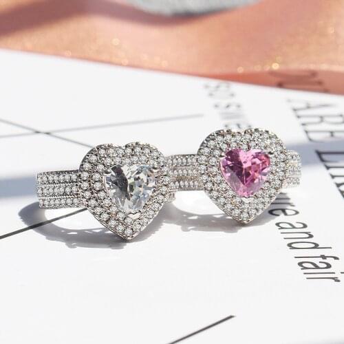 Japanese And Korean Version Of Pink Heart-shaped Crystal Ring Elegant Ladies For Girlfriend Romantic Gift