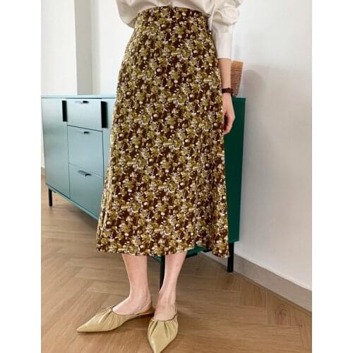 2021 spring Korean soft floral A-line skirt womens elastic waist forest temperament simple skirt 9812