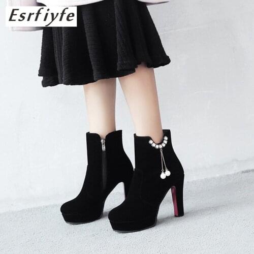 ESRFIYFE Women Ankle Boots Spike High Heels Boots for Woman Fashion Zip Black Autumn Winter Womens Boots Crystal Pearl Shoes