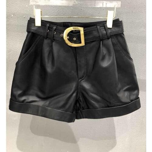 Cosmicchic 2021 Autumn Winter Sheepskin Leather Shorts Women Black High Waisted Wide Leg Shorts Letter D Belt Punk Street Style
