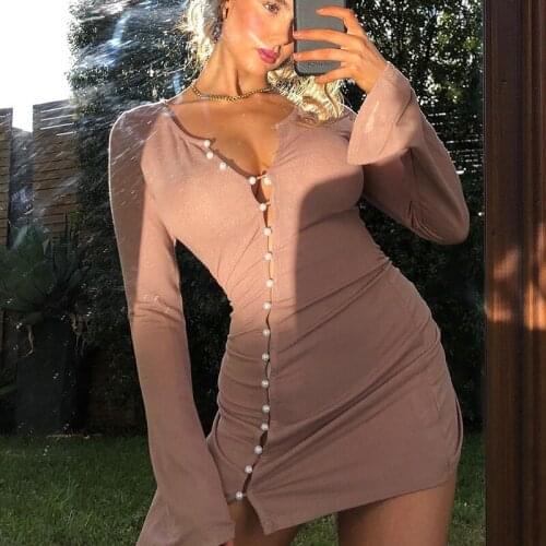 2020 Women’s Slim Fit Dress Spring Autumn Sexy Crew Neck Solid Color Long Sleeve Baggy Cuff Diagonal Button Sheath Short Dresses
