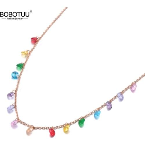 BOBOTUU New Bohemia Stainless Steel Colorful CZ Crystal Choker Necklace Summer Beach Pendant Chain Necklace For Women BN19125