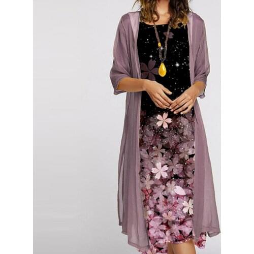2021 womens two-piece floral print dress spring O-neck dress with chiffon cardigan new autumn half-sleeved womens clothing