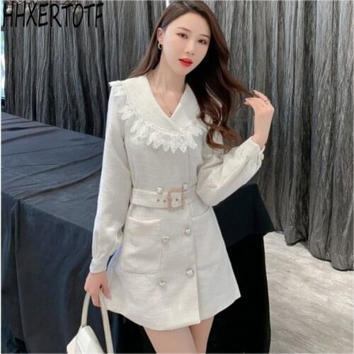 Spring autumn Winter Fashion Tweed Women White Long Sleeve V-Neck Double Breasted Vintage Elegant dress with belt