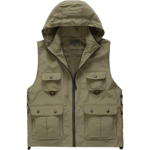 Mens Hooded Multipockets Vest Detachable Cap Quickdry Photography Hiking Camping Fishing Waterproof Tactial Waistcoat Chaleco