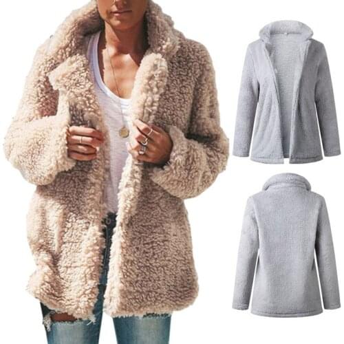 2019 Warm Cashmere Wool Coat Women Warm Outwear Plush Notch Collar Loose fur jacket Winter Coat Loose Cardigan Trench
