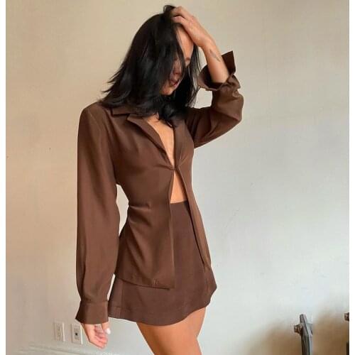 Articat Sexy Solid Women Matching Sets Long Sleeve Hooks T-shirts Mini A-line Skirts Suit Office Ladies Fashion Autumn Outfits