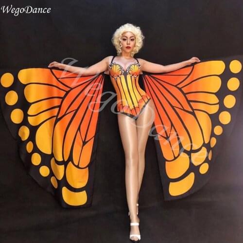 New Lovely Butterfly Pattern Bodysuit Big Wings Outfit Womens Nightclub Cosplay Party gogo Singer Show Bodysuits freeshipping