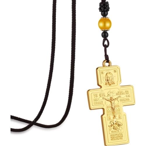 Orthodox Jesus Christ Cross Pendant Crucifix Pantocrator Christian Necklace for Men Braided Rope Chain Church Pray Jewelry