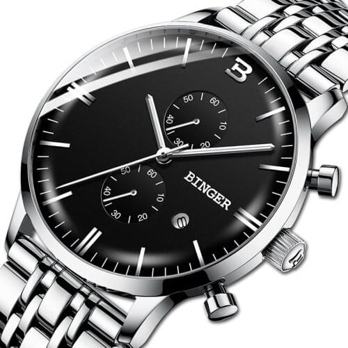 Men Watch Binger Luxury Brand Automatic date Quartz Watches Mens Waterproof Chronograph Clock Relogio Masculino Luminous B12G