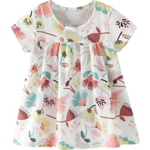27kids Fashion Breathable Girls with Flowers Colorful Pattern Cotton Kids Summer Short Sleeve Dress for Casual Skirt 2-7Years