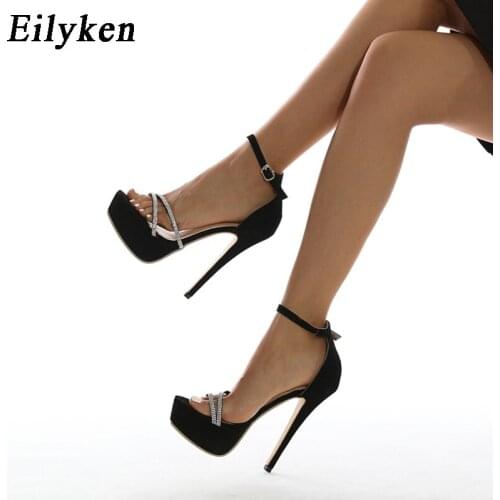 Eilyken New Summer Thin High Heels Platform Slides Women Fashion Crystal Rhinestone Sandals Sexy Open Toe Buckle Strap Shoes