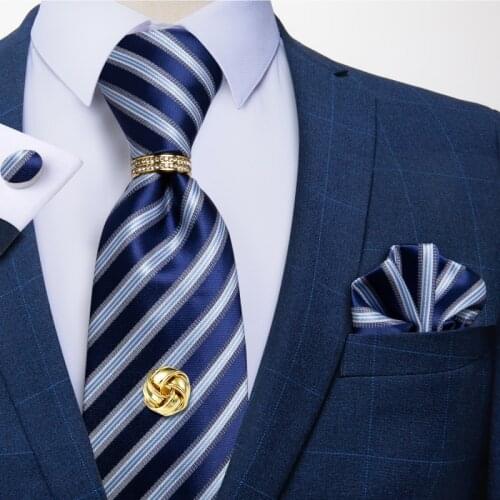 8cm Men Silk Necktie Blue White Striped Business Tie Set Handkerchief Cufflinks Tie Tack With Chain Gift Set For Men DiBanGu