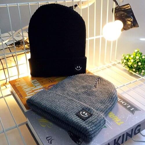 JIAXUN032 Fashion Winter Women Lady Girl Knitted Skullies Beanies Cap Mans Smile Patch Curled Knit Hat Bone Gorras