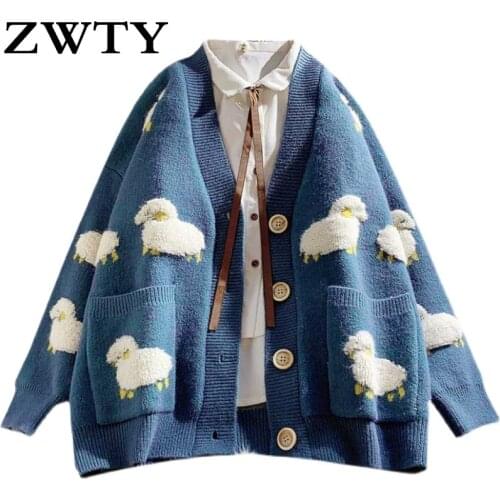 ZWTY Autumn Winter Knitted Female Cardigan Loose Streetwear Knit Sweater Coat Cute Cartoon Print V Neck knitted cardigan Women J
