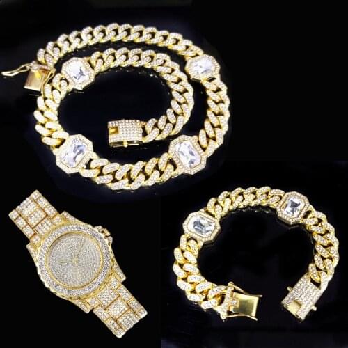 3pcs Kit Hip Hop CZ AAA 12.5MM Iced Out Square Crystal Cuban Bling Chain Set Necklace+Watch+Bracelet For Men Women Jewelry