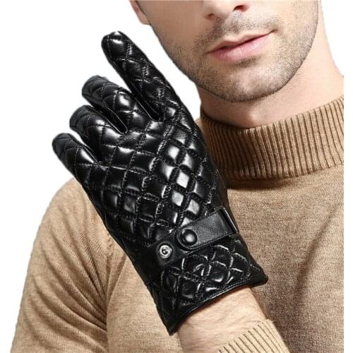New Men Touch Screen Leather Plaid Gloves Winter Thermal Motorcycle Outdoor Men Driving Gloves Sheepskin Gloves Black