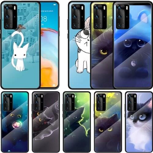 Cute cat cartoon For Huawei P Smart 2021 2020 Z P40 P30 P20 P10 Lite Nova 5i 2019 Pro Plus Tempered Glass Phone Case