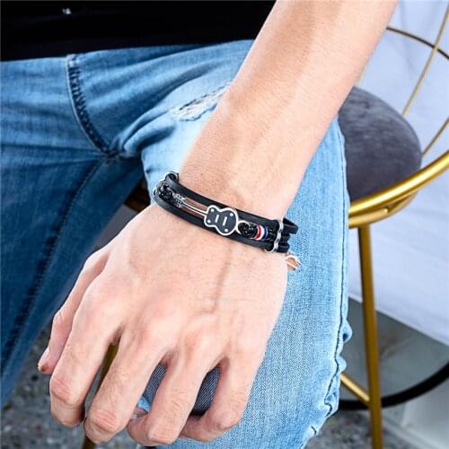 20G 21Cm Korean Version Retro Bracelets For Men Pu Leather Black Hip Hop Rock Music Stainless Steel Gift Mini Guitar Jewelry