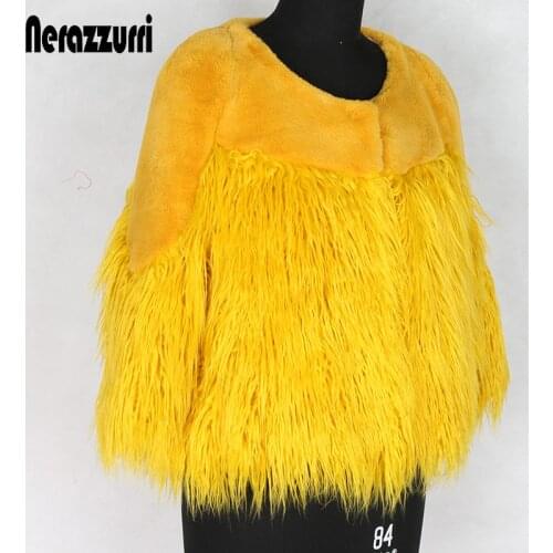 Nerazzurri Yellow patchwork faux fur jacket women plus size plush cropped top 4xl 5xl 6xl 7xl Warm hairy artificial fur jacket