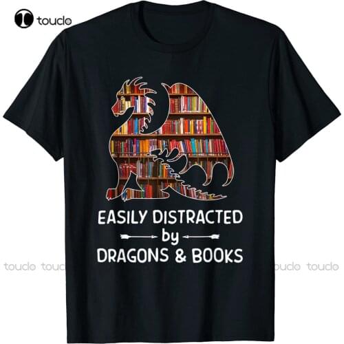 New Easily Distracted By Dragon And Books Nerds T-Shirt Cotton Tee Shirt S-5Xl