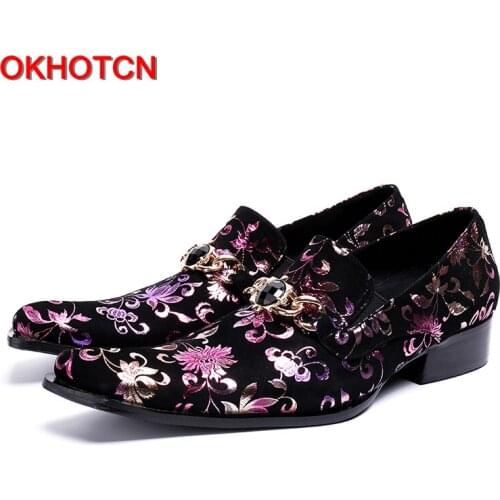 OKHOTCN Flower printing genuine leather man shoes square toe man dress/wedding/party shoes classic male formal Oxfords shoes