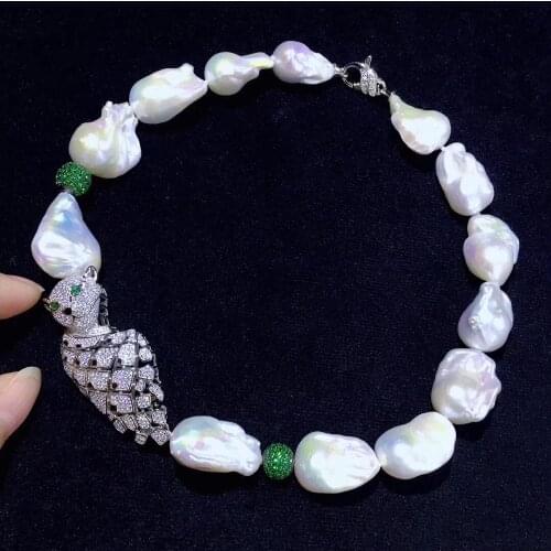 Baroque natural fresh water pearl choker necklace single pearl necklace 925 sterling silver with cubic zircon leopard fashion