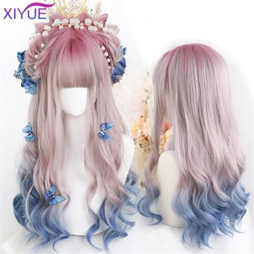 XIYUE Short Wavy Wigs for Lolita Synthetic blue Hair Long Wavy Wigs with Bangs Heat Resistant Cosplay Wig