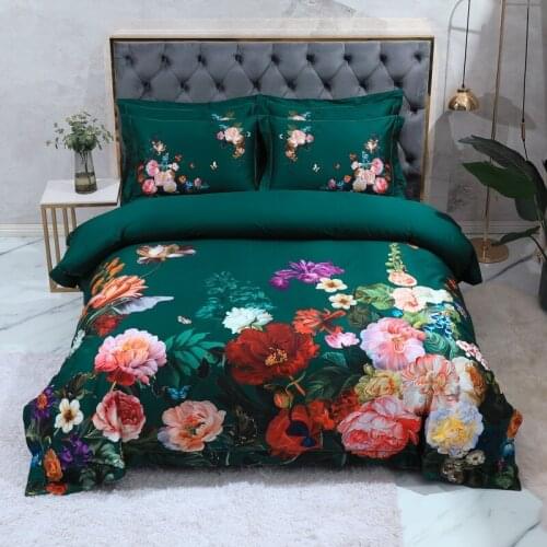 Luxury 600TC Egyptian Cotton Vintage bedding set Blooming Flower Printed on Green Bedding Quilt Cover Set US Queen King 4/6PCS