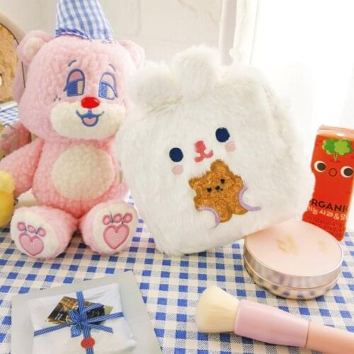 Women Sanitary Napkin Bag Girls Embroidery Storage Bag Korea Monery Coin Purse Student Kawaii Flannel Clutch Cartoon Bear Pocket