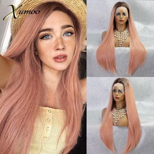 XUMOO Heat Resistant Synthetic Wig Long Straight Ombre Pink 13X6 Lace Front Wig Cosplay Synthetic Wigs For Black Women