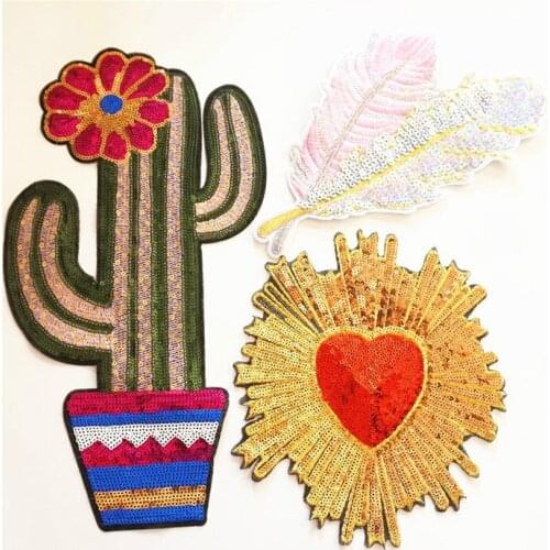 Feather Fabric Embroidered Cactus heart Patch Cap Clothes Stickers Bag Iron on Applique DIY Apparel Sewing Clothing Accessorie