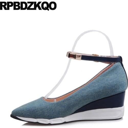 Pointed Toe Designer Cheap Medium Heels Blue Pumps 2018 Size 4 34 Metal Ladies New Shoes Denim Ankle Strap Canvas Wedge Casual