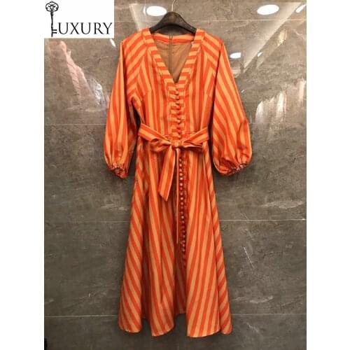 Spring Novia Fashion 2020 Ladies V-Neck Vintage Buttons Deco Lantern Sleeve Mid-Calf Length Big Swing Party Striped Dress