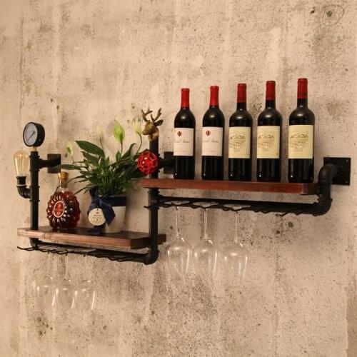Loft Retro Industrial Style Bar Wine Rack Wall Hanging European-style American Shelf Dining Room Bar Iron Solid Wood