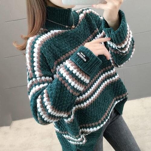 Vintage warm Chenille Sweater Womens Full Sleeve Velvet Sweaters Winter Ladies Solid Turtleneck Loose Female Jumpers 2021
