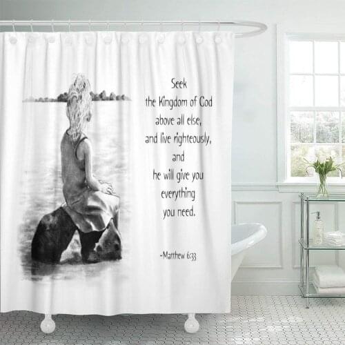 Scripture Pencil Drawing of Child Painting Bible Verse Christian Shower Curtain Waterproof Polyester Fabric 60 x 72 Inches