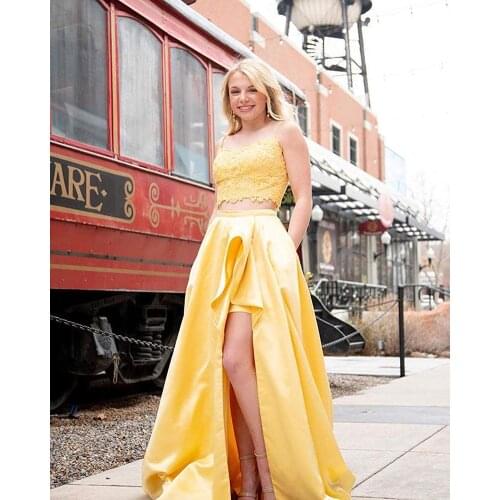 Yellow Two Pieces Lace Homecoming Dresses for Juniors High Low Appliques Beaded Prom Graduation Party Cocktail Dress with Pocke