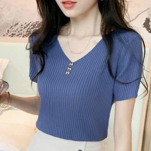 Ice Silk Short Sleeve T-shirt Temperament Elegant Womens Knitted V-neck Top 2021 Summer Korean Fashion Clothing Wholesale
