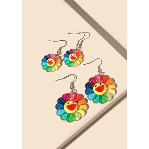 Lovely Smiling Face Sunflower Acrylic Drop Erings For Women Unique Colorful Dangle Cute Earrings Bulk Kawaii Accessories Fashion